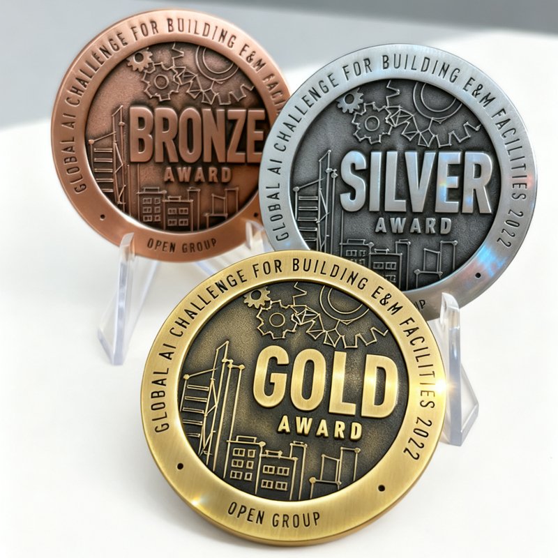 Commemorative challenge coin for the Global AI Challenge for Building E&M Facilities, featuring intricate AI and engineering motifs.