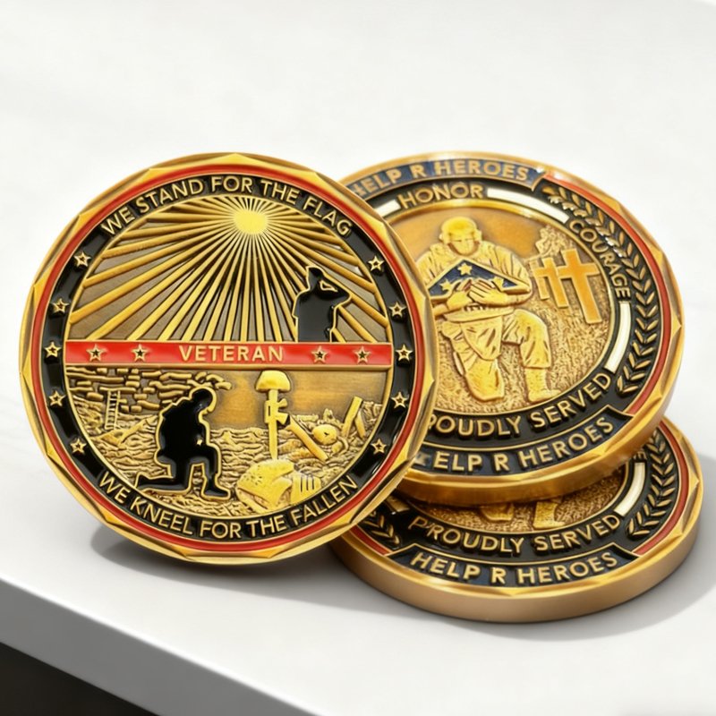 American Veteran Military Souvenir Coin, featuring a veteran and the phrase "WE STAND FOR THE FLAG" on a vintage gold enamel coated.