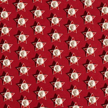 Star-shaped medal pins arranged in a pattern on a vibrant red background, creating a striking visual effect.