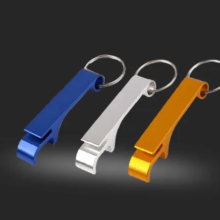 An aluminium beer opener with a keyring.
