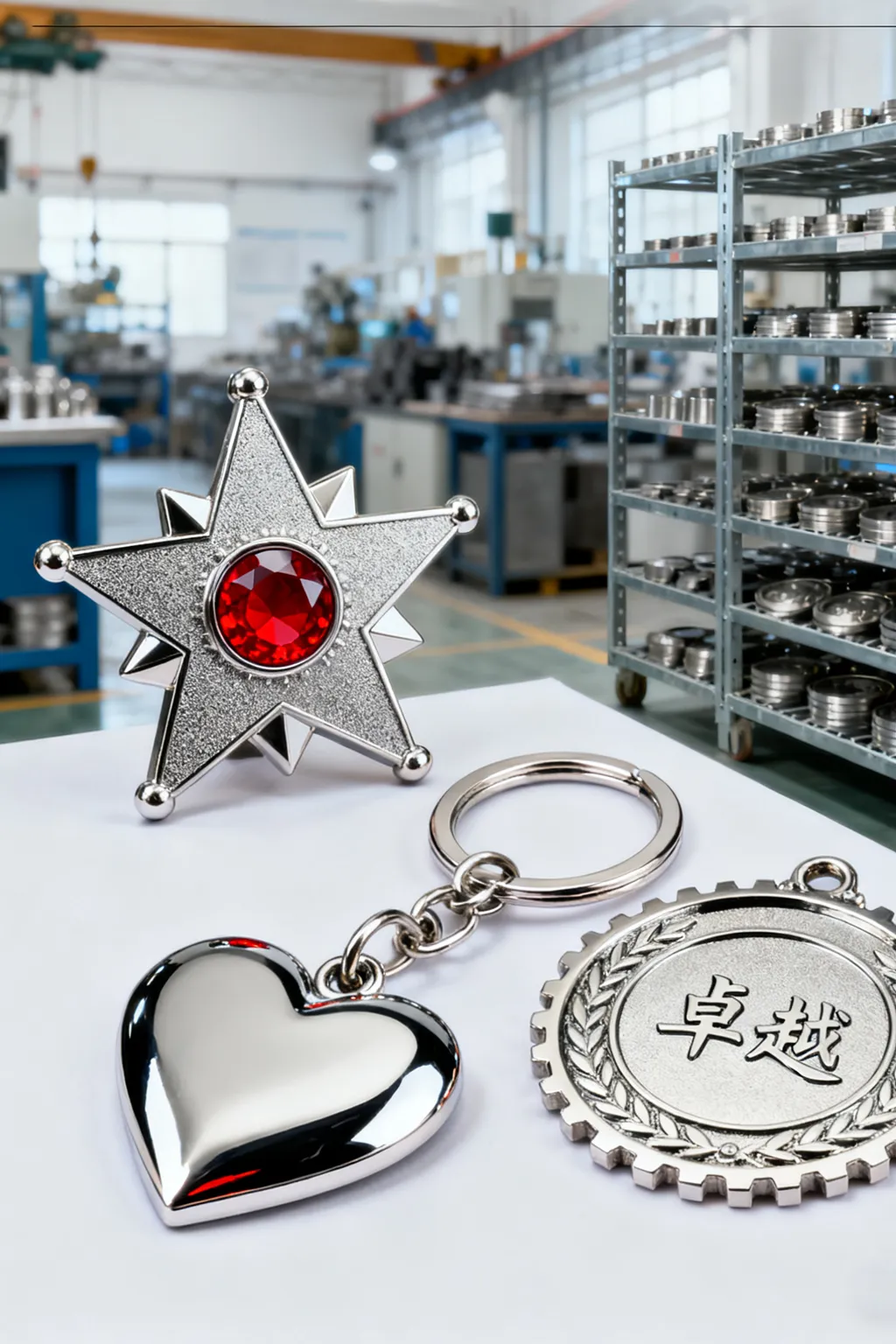 Custom shiny silver metal badge and keychain