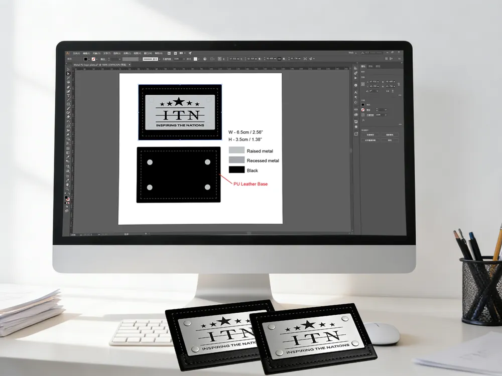 Custom metal logo plate design process with AI vector artwork preparation