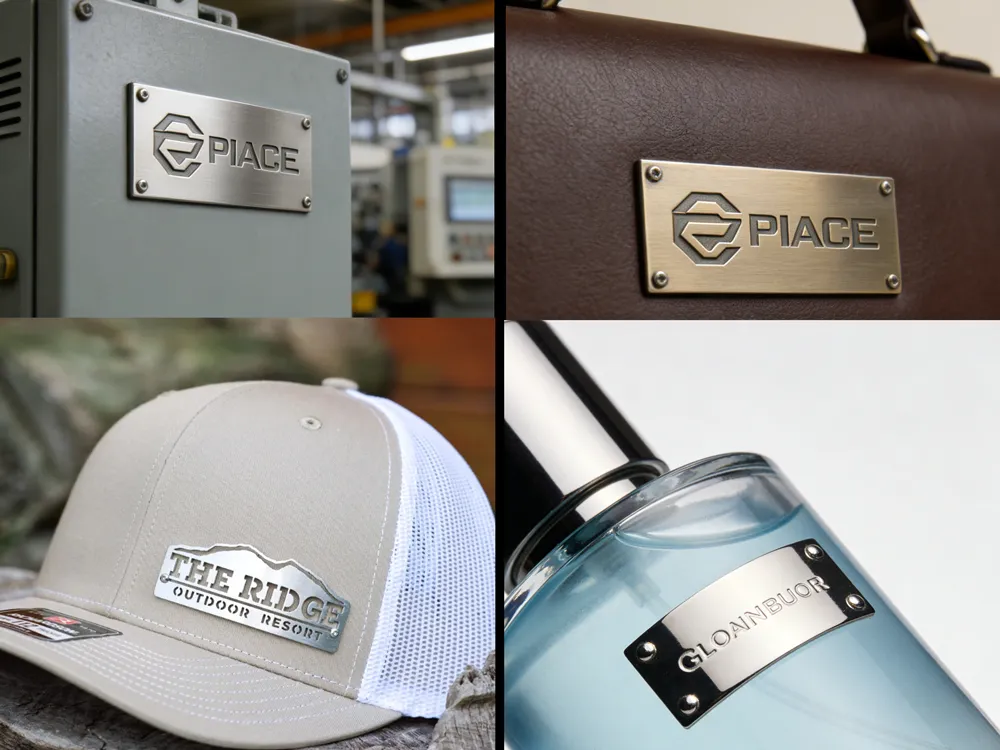 Custom metal logo plates used for equipment branding uniforms and promotional products
