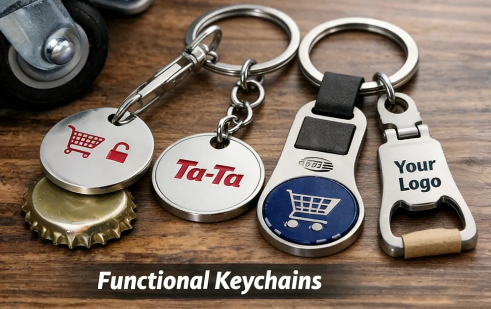 Functional keychains including bottle opener keychain and shopping cart token for promotional use