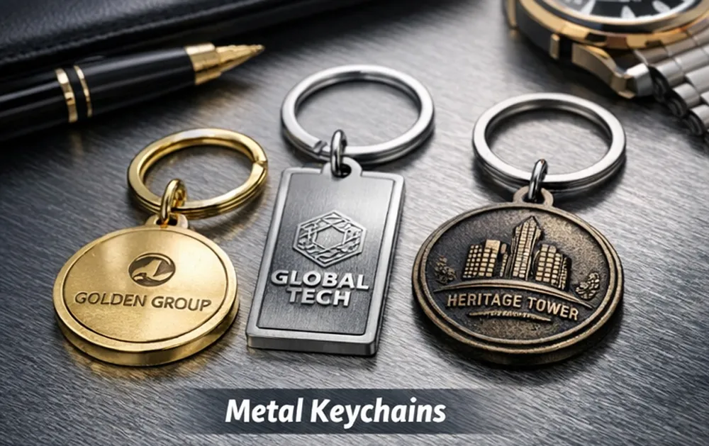 Custom metal keychains with engraved logo for corporate gifts and promotional events