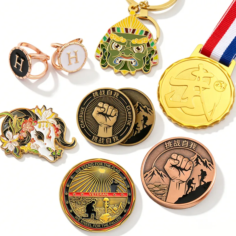 Custom metal promotional products including badges, medals and keychains for branding