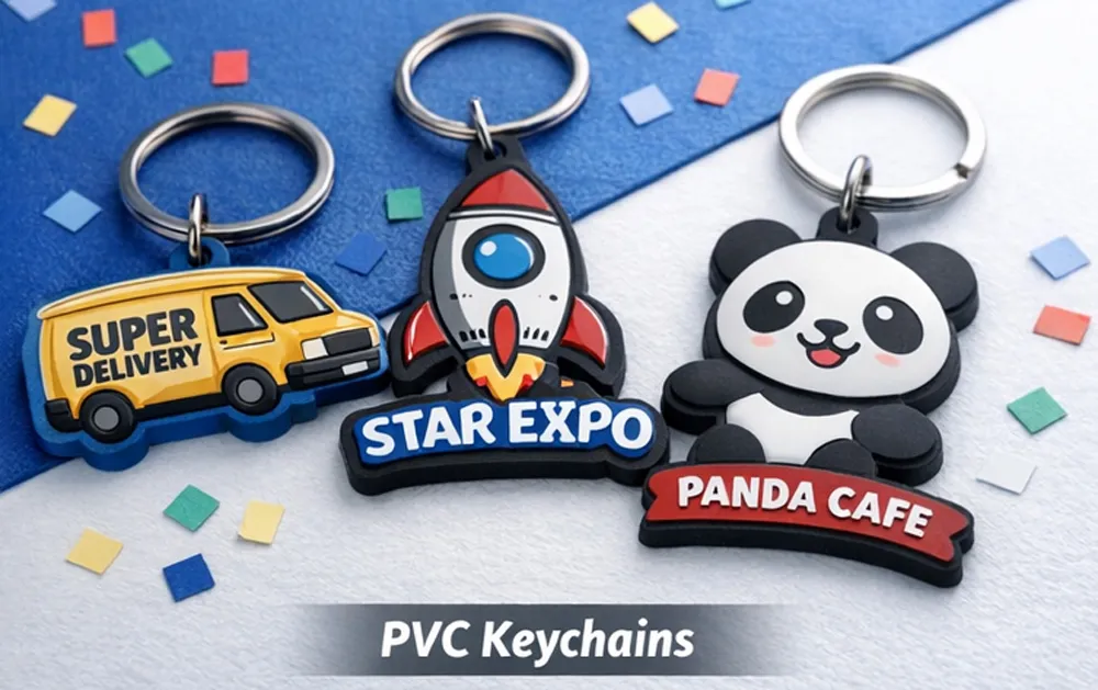 Custom PVC keychains with colorful designs for promotional giveaways and exhibitions