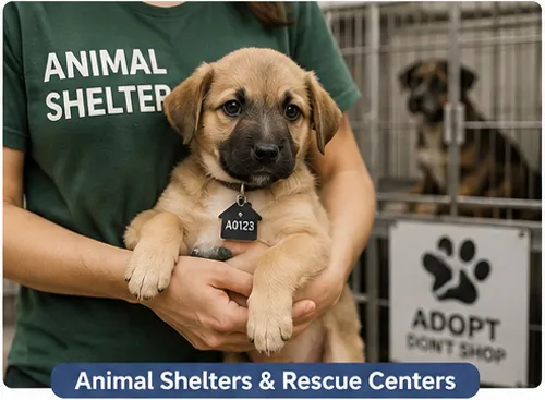 Puppy wearing numbered pet ID tag held by shelter staff in animal rescue center, used for tracking and adoption management in animal shelter environment.