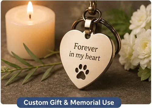 Heart-shaped engraved pet memorial tag next to candle and flowers, representing pet remembrance keepsake and emotional tribute gift.