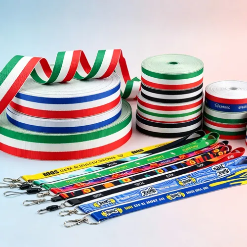 Custom medal ribbons in various patterns and textures with V-neck attachments and metal clips for award ceremonies.