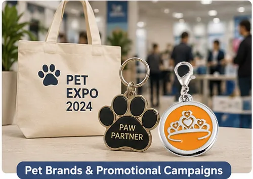 Custom branded paw-shaped pet ID tags displayed with promotional packaging at pet expo, representing marketing gifts and promotional merchandise for pet brands.