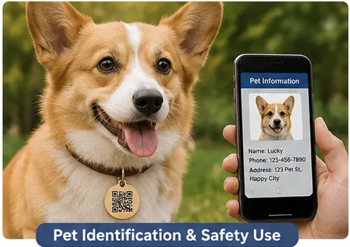 Dog wearing QR code pet ID tag next to smartphone showing owner contact details, illustrating lost pet recovery and identification safety function.