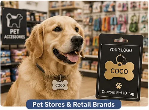 Golden retriever wearing custom pet ID tag displayed in pet store retail environment, showcasing branded dog tag product for pet shop merchandising and retail sales.