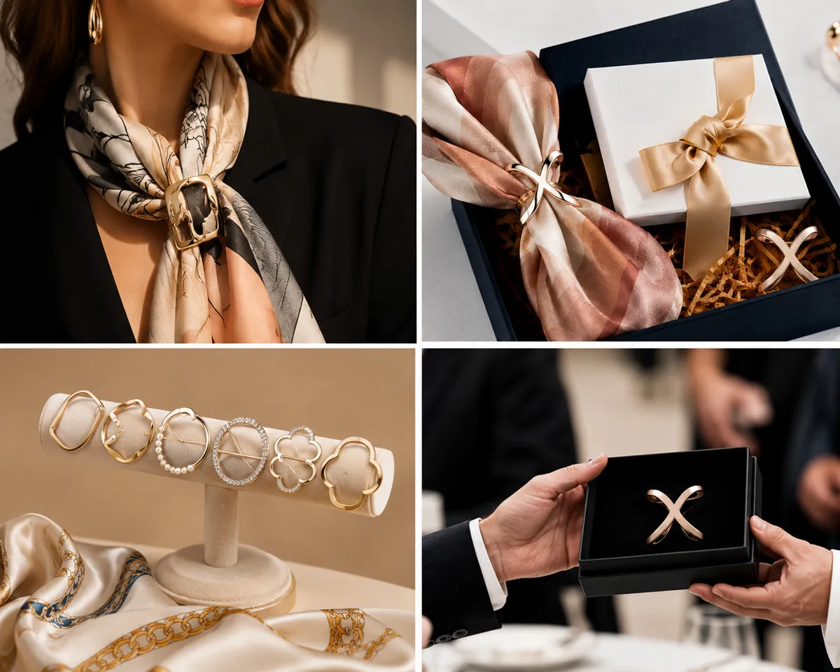 Custom metal scarf rings used in fashion styling, gift packaging, retail display, and promotional branding applications