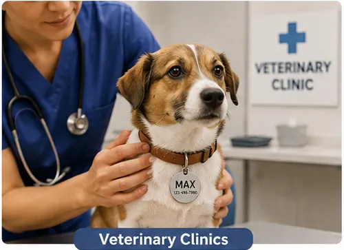 Dog wearing engraved pet ID tag being checked by veterinarian in clinic, representing pet identification and medical emergency contact use in veterinary services.