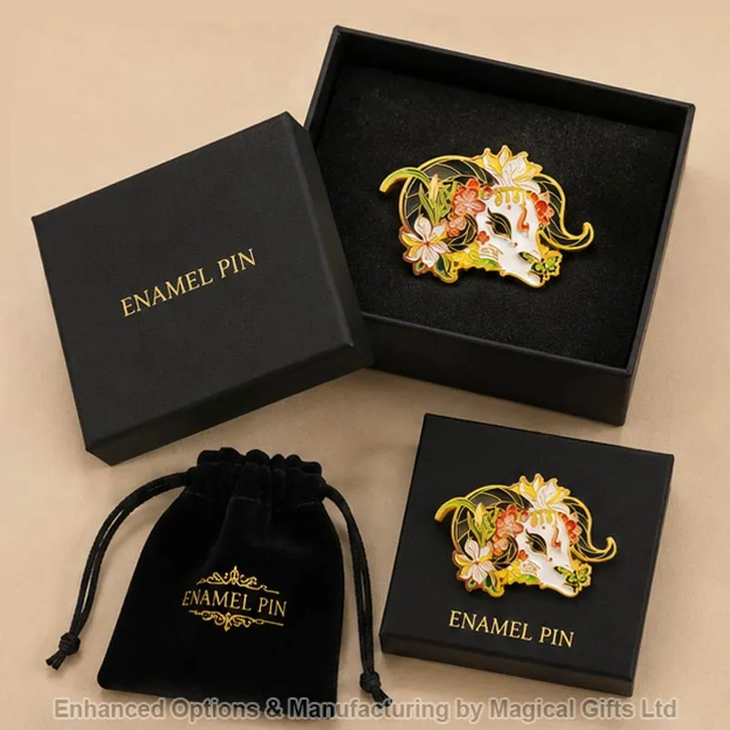 Luxury promotional gift packaging options including black presentation box and velvet pouch