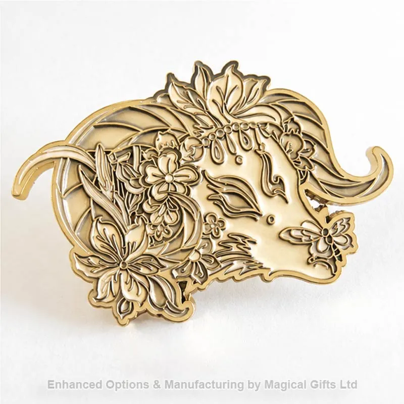 Antique metallic monochromatic zinc alloy lapel pin without color fill