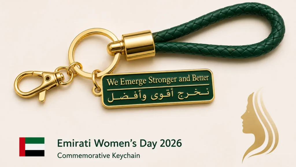 Custom Emirati Women's Day keychain with braided leather strap
